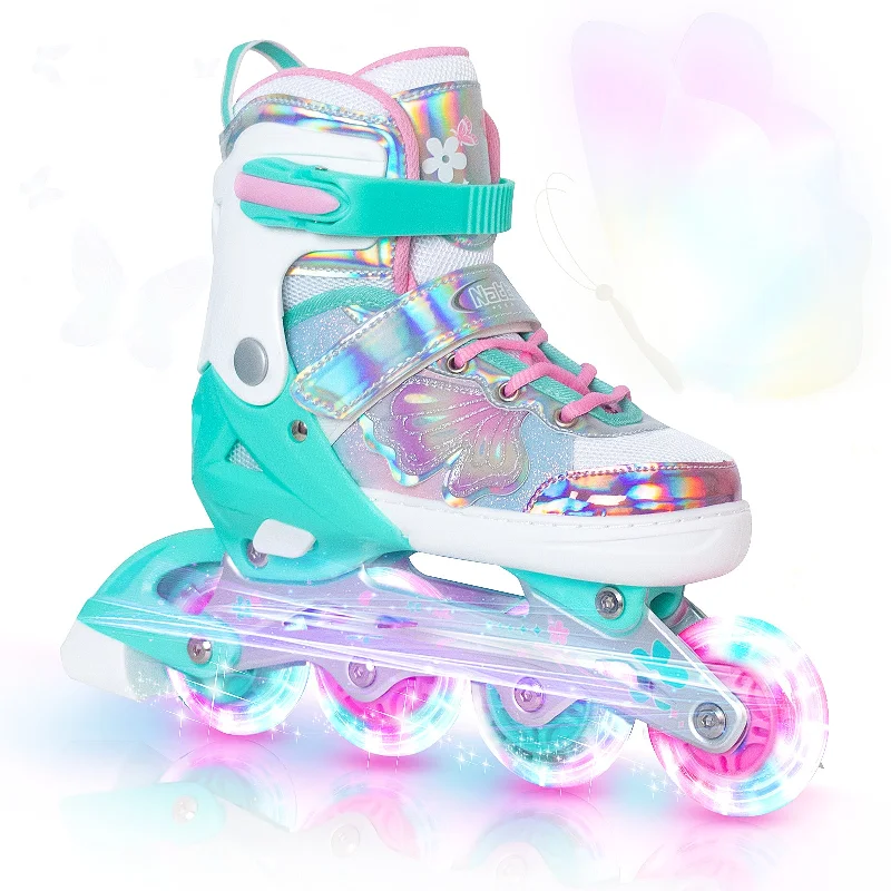 Comfortable Roller Skates for Pro-Level Rides-Nattork Adjustable Inline Skates for Kids - Fairy Wing Teal Fantasy